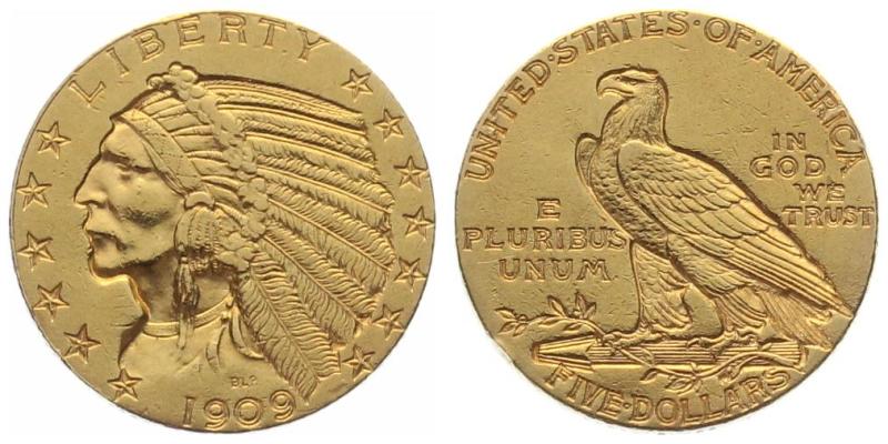 USA 5 $ 1909 o. Mzz. Indian Head